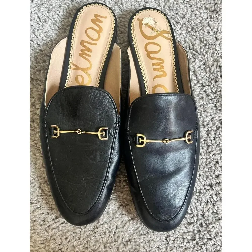 Sam Edelman Black Leather Linnie Mules Slides Shoes Sz 9 Effortless Classic Chic
